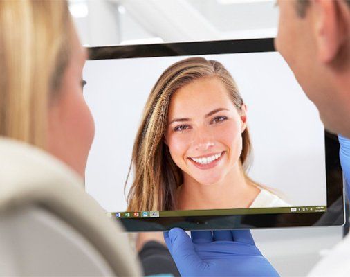 Woman and dentist looking at digital smile design