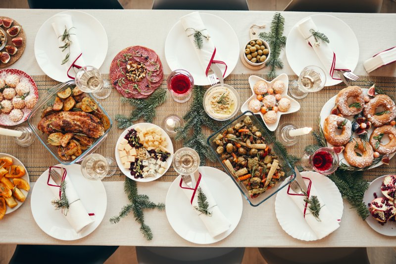 A table filled with holiday foods